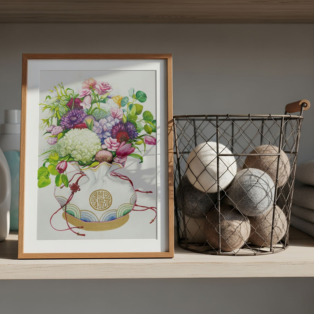 Framed wall art of a Korean coin pouch with a bouquet of flowers, which symbolizes celebrates luck, good health, and fortune, placed in a laundry room.