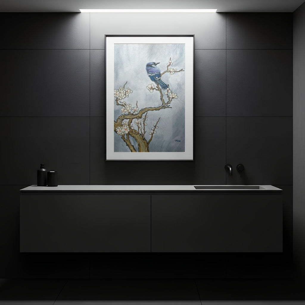 Modern bathroom interior with a framed artwork of a bluejay on a branch, which symbolizes freedom and prosperity.