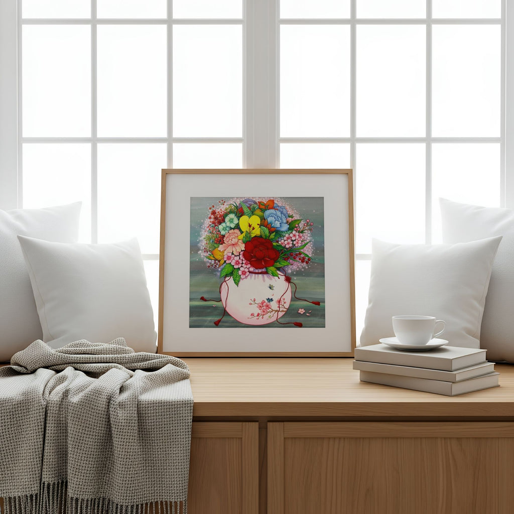 Elegant art print that draws from Korean folk art heritage, weaving together blossoms and traditional motifs that celebrate harmony, wellness, and good fortune, on a wooden bench with a cozy living room background.