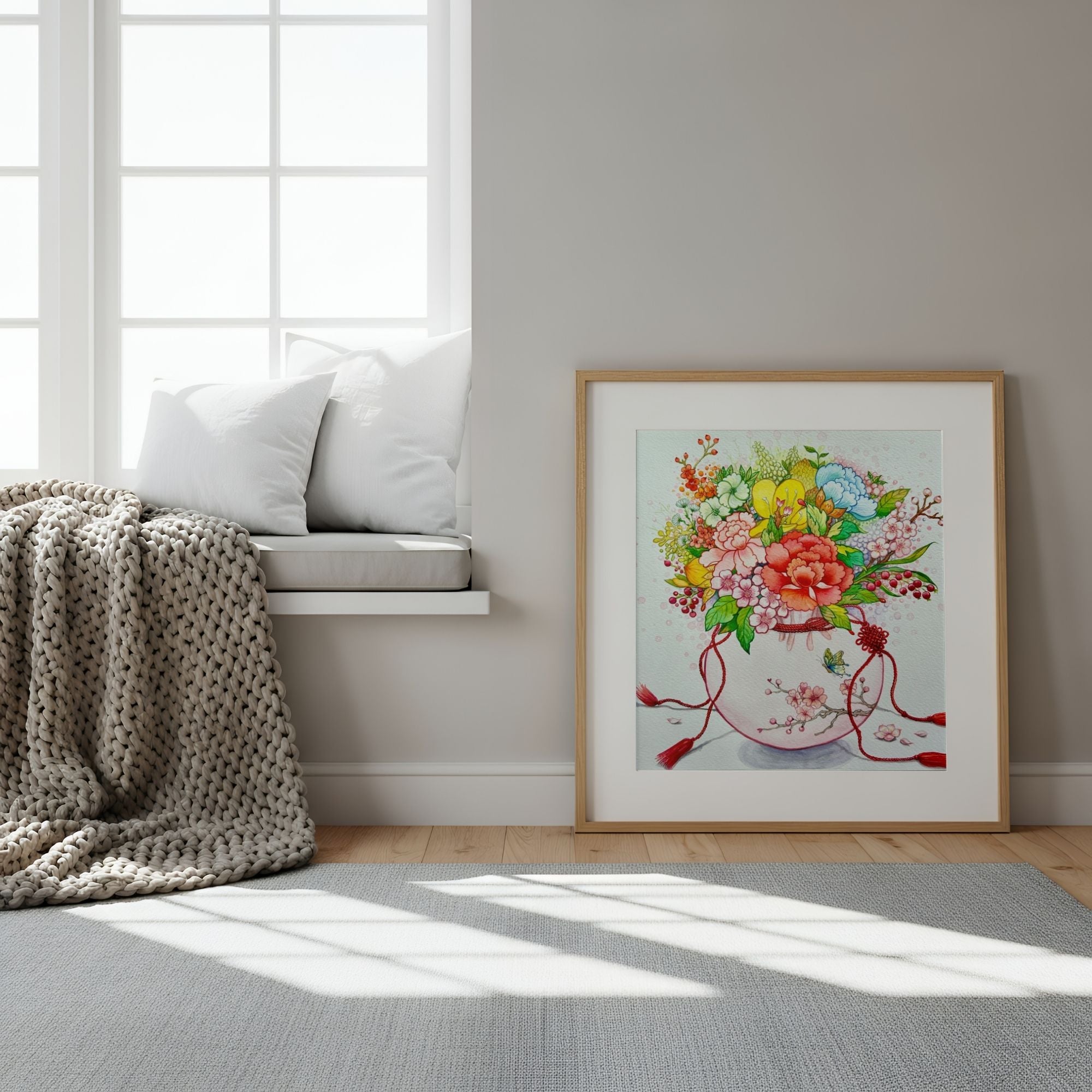 Framed artwork of a floral arrangement in a traditional Korean coin pouch, inspired by Korean folk art which symbolizes good fortune, wellness and harmony, on a wall in a room with a window and cushions.
