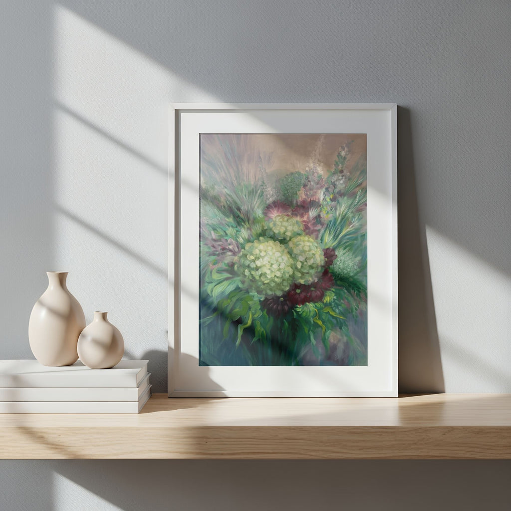 Framed artwork of a floral bouquet on a wooden shelf with decorative vases.
