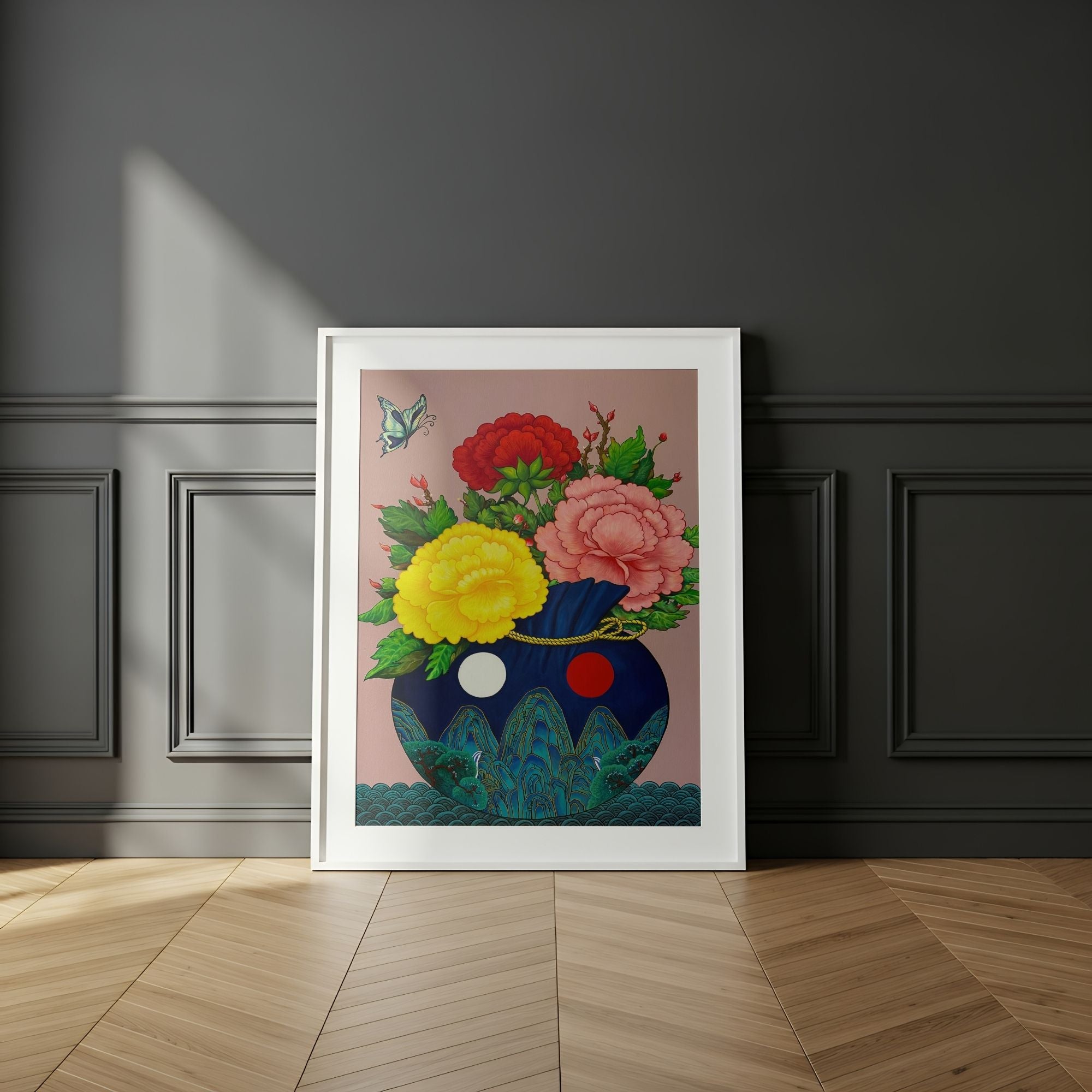 Art print of a bokjumeoni adorned with traditional motifs inspired by Minhwa art holding a bouquet of colorful peonies with a butterfly floating in the corner, representing good fortune, harmony and joy, on a dark wall.