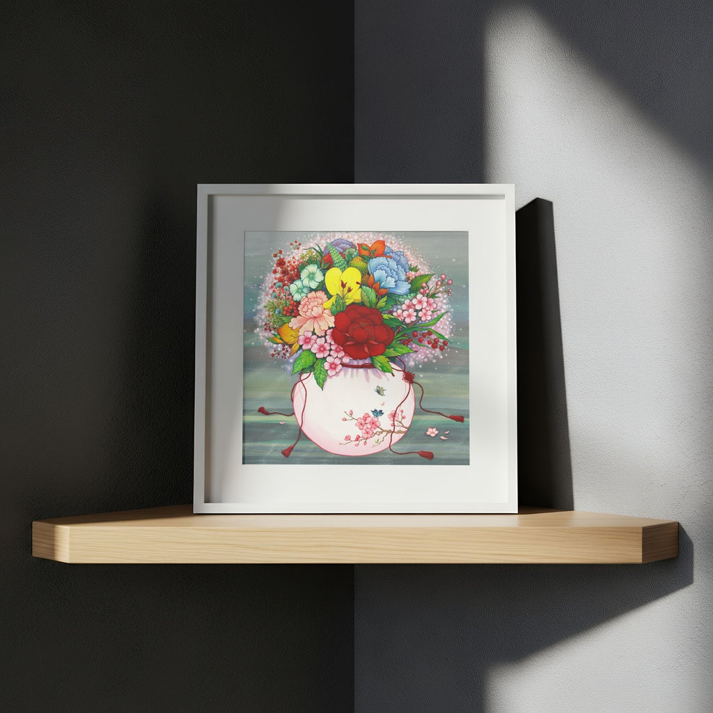 Elegant wall art that draws from Korean folk art heritage, weaving together blossoms and traditional motifs that celebrate harmony, wellness, and good fortune, on a wooden shelf against a dark wall.