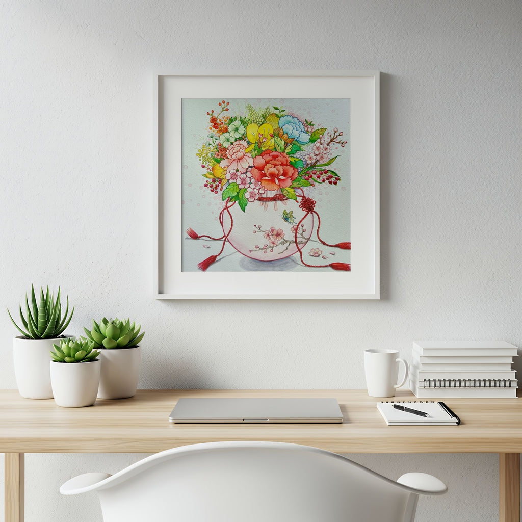 A poster of a floral arrangement in a traditional Korean coin pouch, inspired by Minhwa art which symbolizes good fortune, wellness and harmony, above a desk with office supplies and plants.