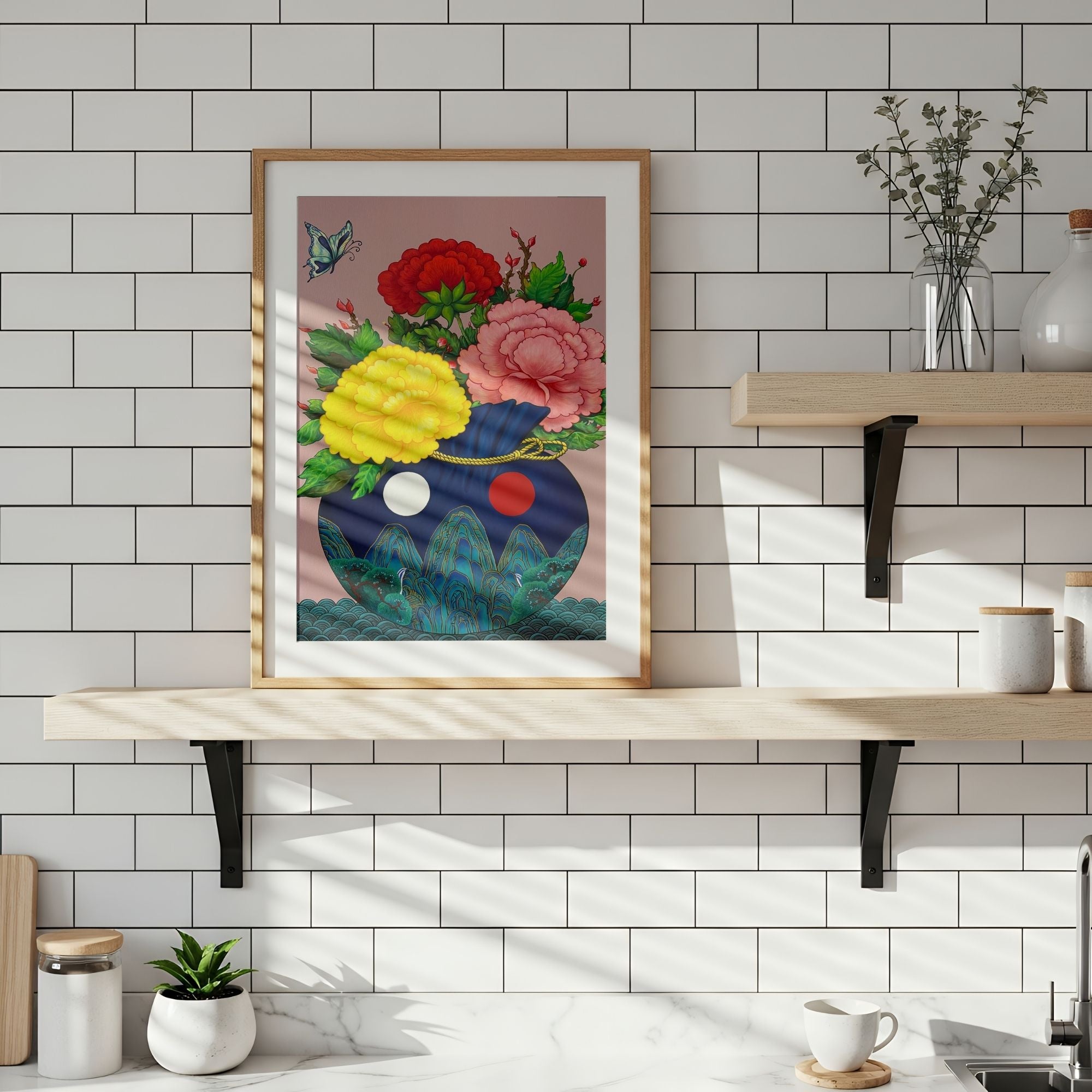 Art print of a bokjumeoni adorned with traditional motifs inspired by Minhwa art holding a bouquet of colorful peonies with a butterfly floating in the corner, representing good fortune, harmony and joy, on a wall with a white tiled background.