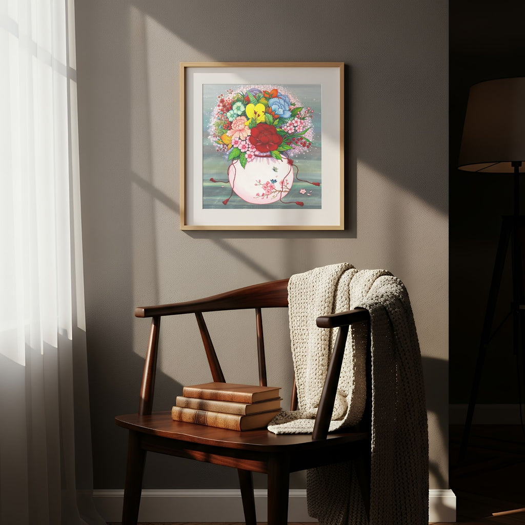 Elegant wall art that draws from Korean folk art heritage, weaving together blossoms and traditional motifs that celebrate harmony, wellness, and good fortune, on a wall above a wooden chair with books and a blanket.