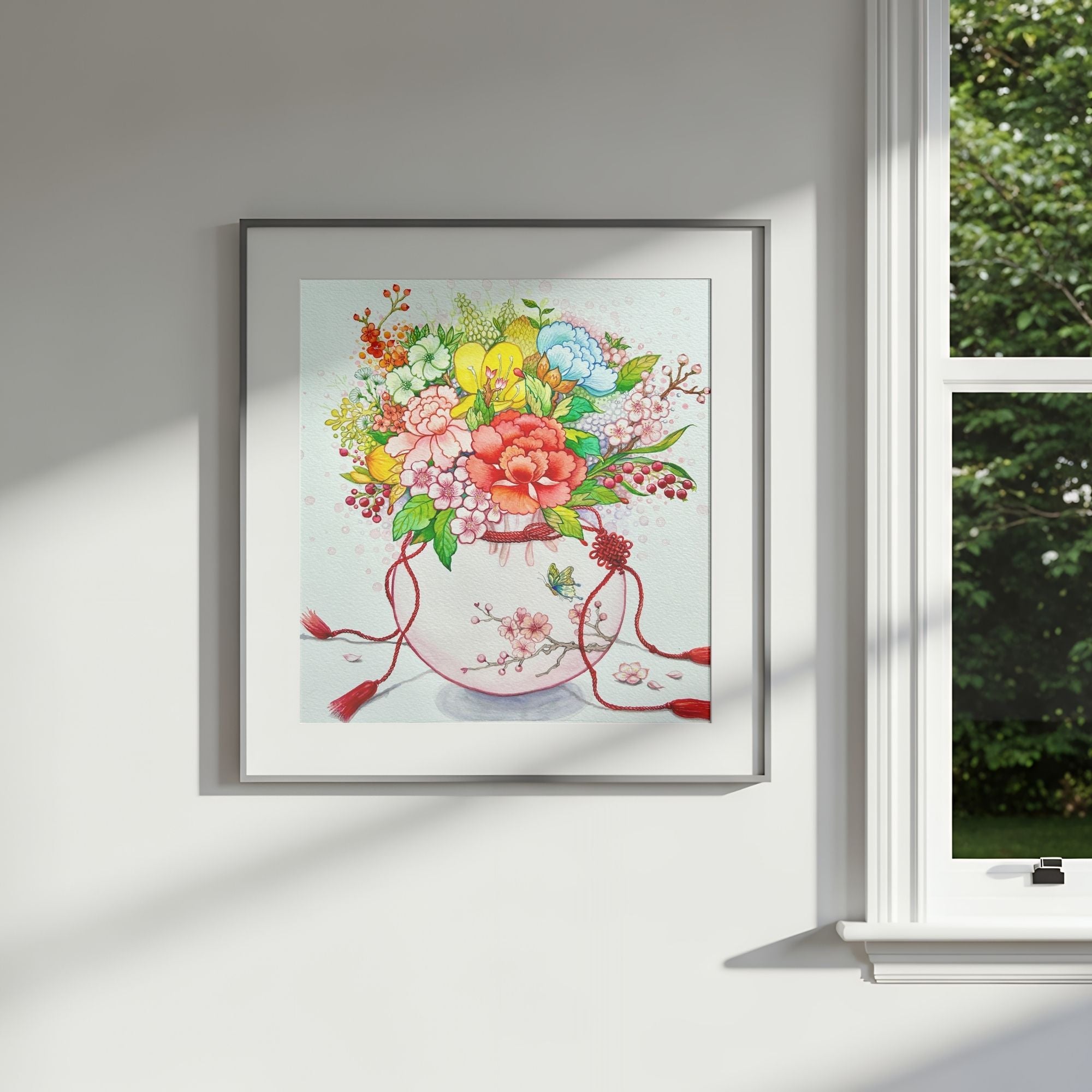 An art print of a floral arrangement in a traditional Korean coin pouch, inspired by Minhwa art which symbolizes good fortune, wellness and harmony, on a white wall.