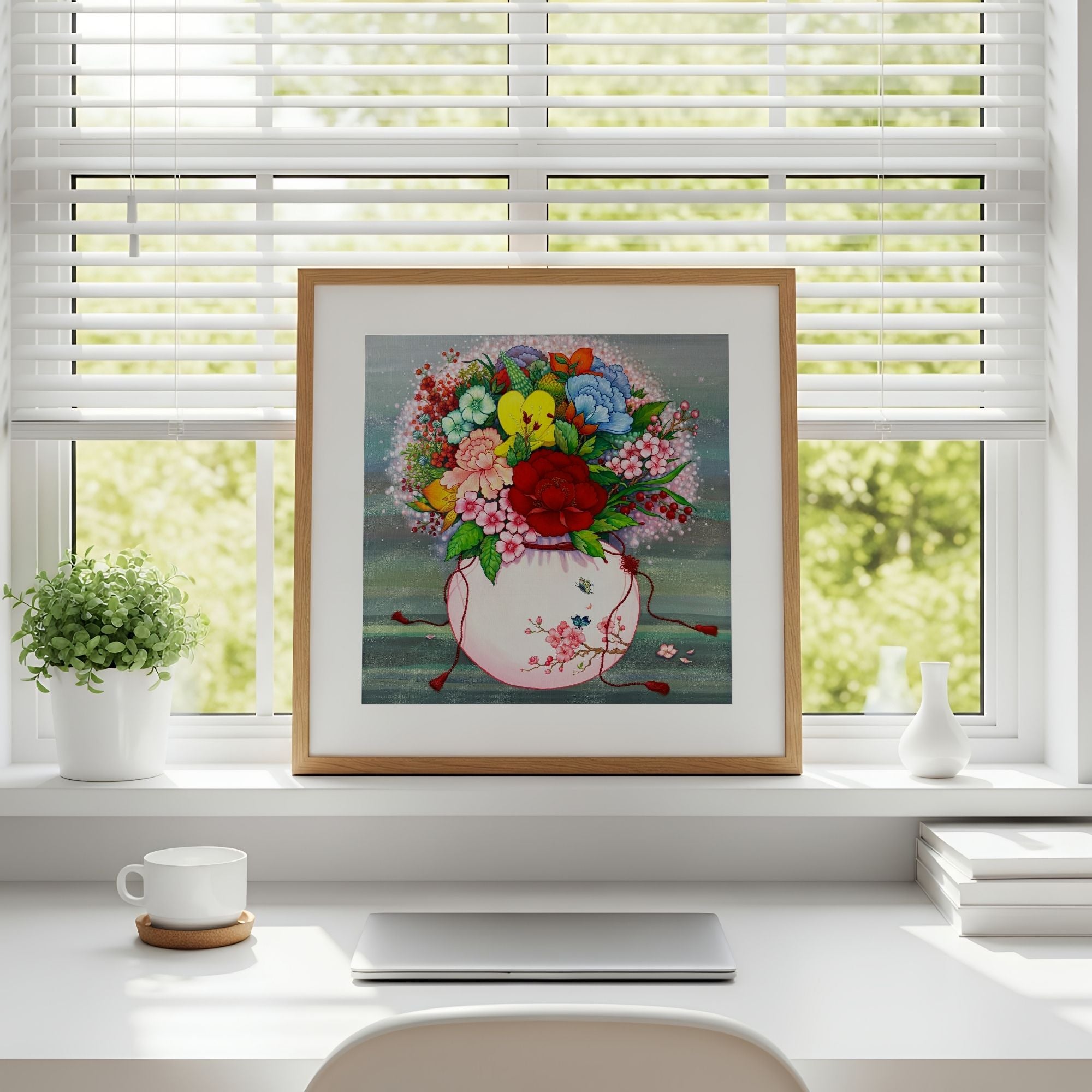 Elegant wall art that draws from Korean folk art heritage, weaving together blossoms and traditional motifs that celebrate harmony, wellness, and good fortune, on a windowsill with a cup and books in the foreground.