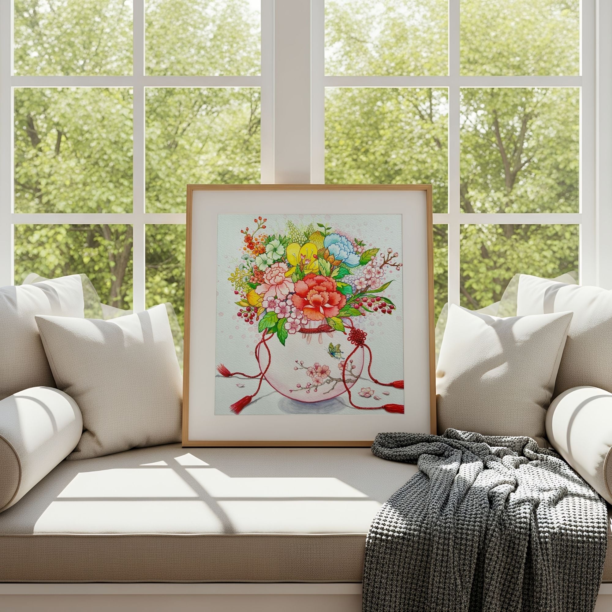 Framed artwork of a floral arrangement in a traditional Korean coin pouch, inspired by Korean folk art which symbolizes good fortune, wellness and harmony, on a window seat with a view of trees.