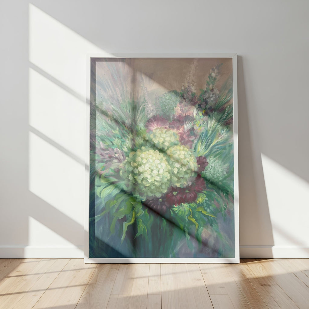 Framed impressionism-style floral art print on a wall with sunlight casting shadows.