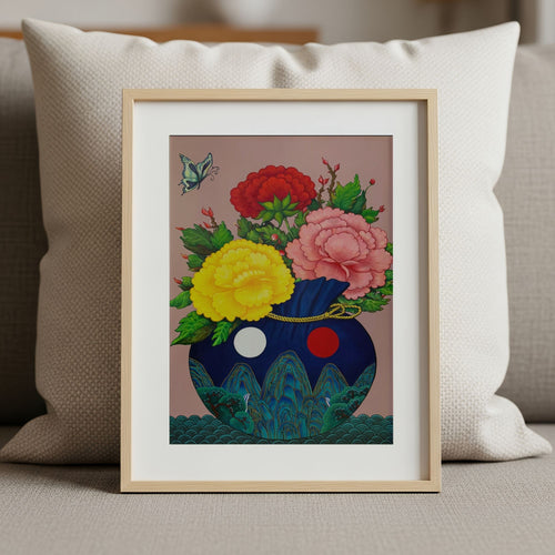 Art print of a bokjumeoni adorned with traditional motifs inspired by Korean folk art holding a bouquet of colorful peonies with a butterfly floating in the corner, representing good fortune, harmony and joy, on a beige pillow.
