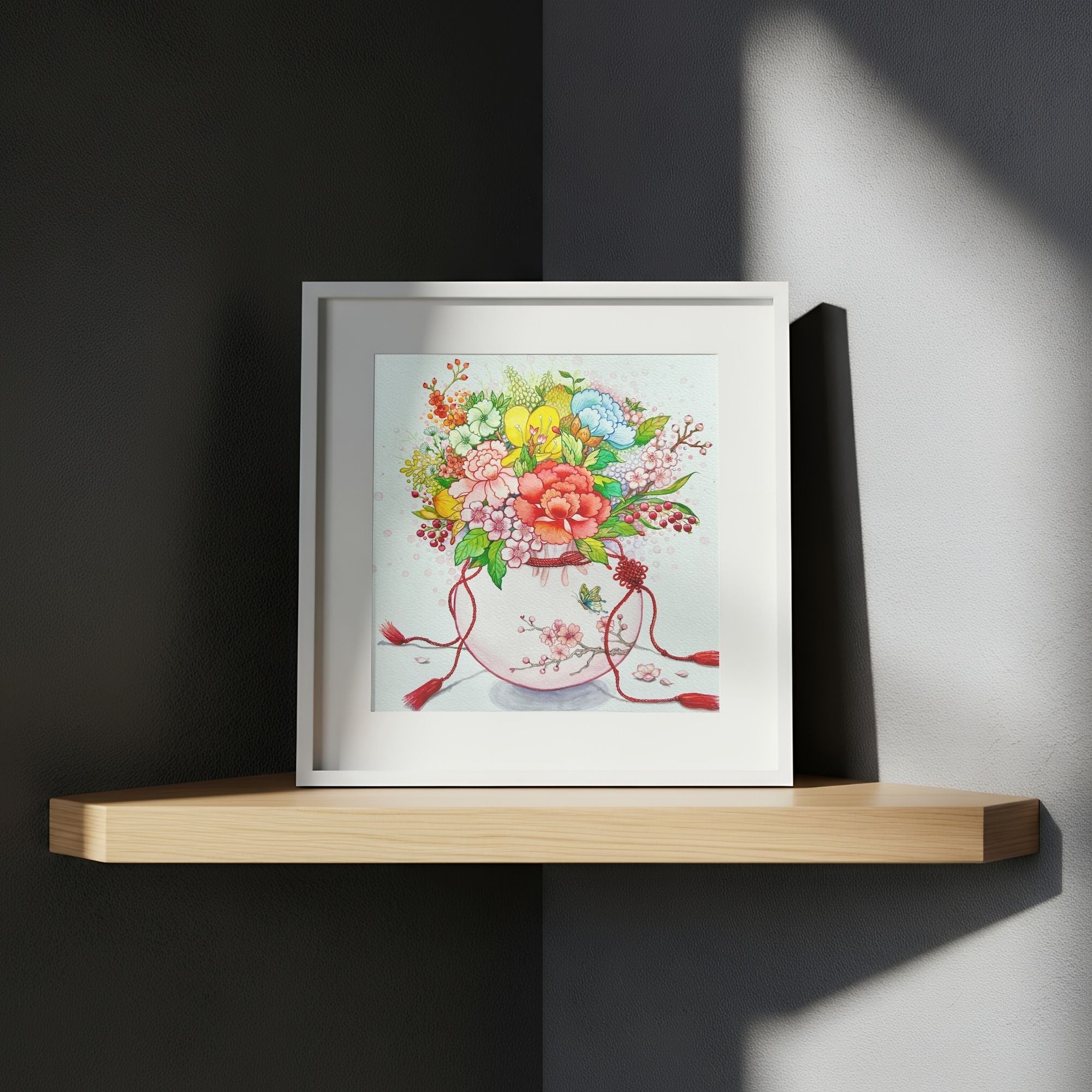 Framed artwork of a floral arrangement  inspired by Korean folk art, which symbolizes good fortune, wellness and harmony, on a wooden shelf with a dark background.