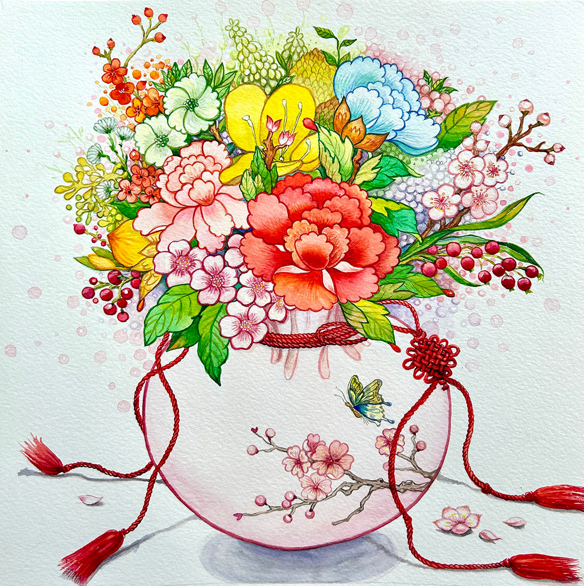 Colorful watercolor floral arrangement with red tassels wall art on a light background.