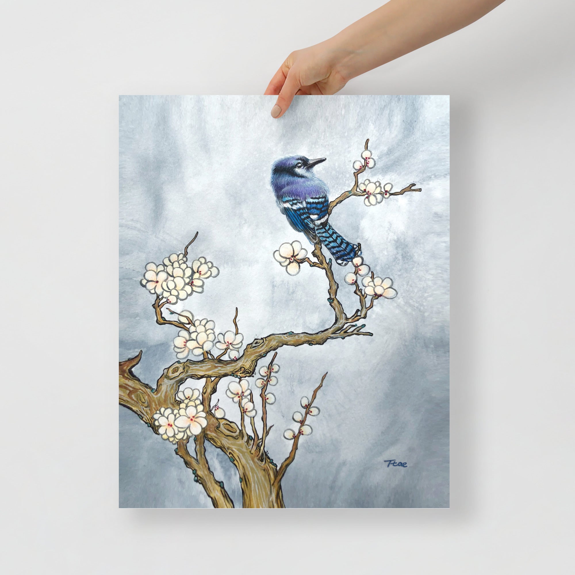 Hand holding a 16x20 inch art print with a bluejay and tree design on a light gray background, which symbolizes freedom and good fortune.