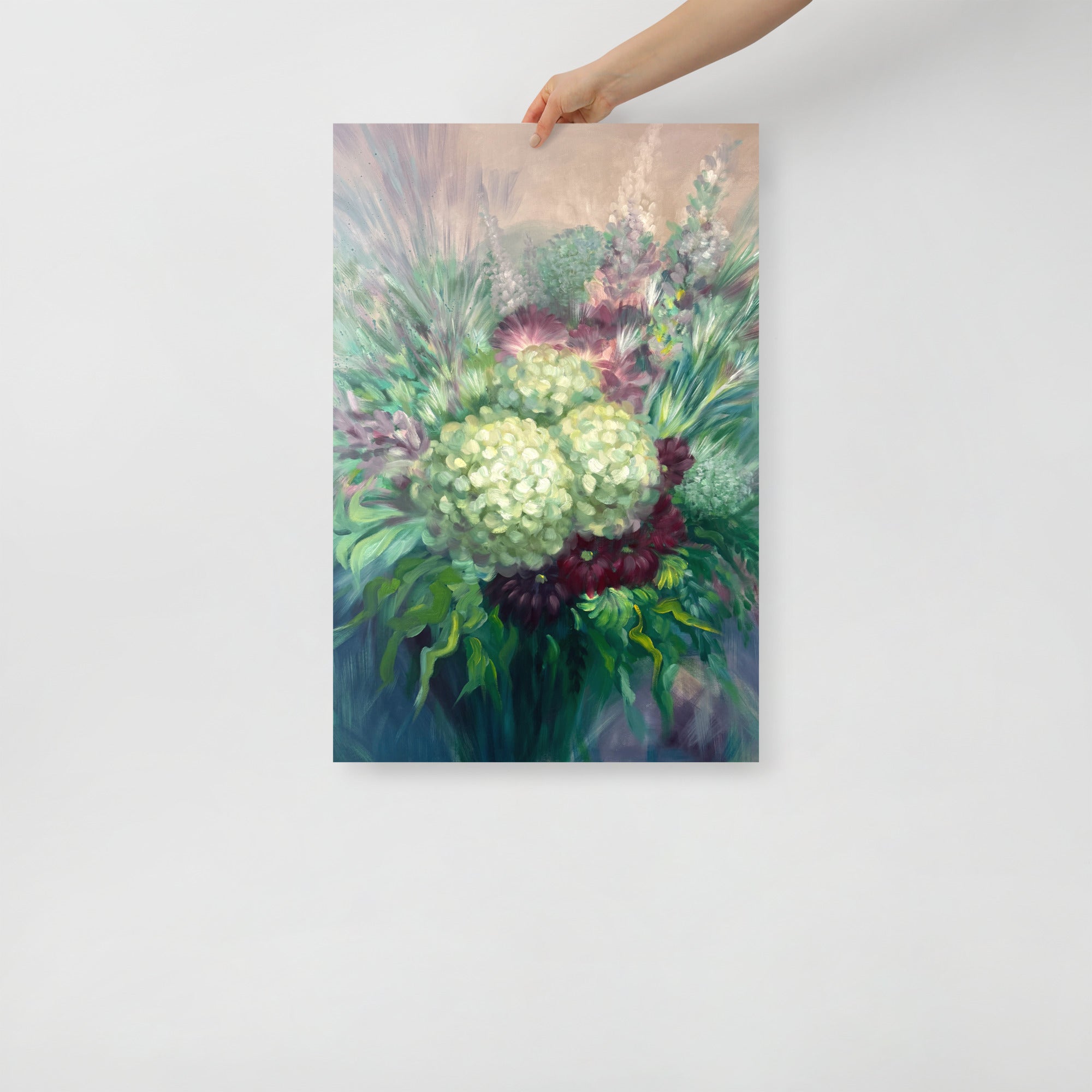 Hand holding a 20x30 inch floral art print on a white background.